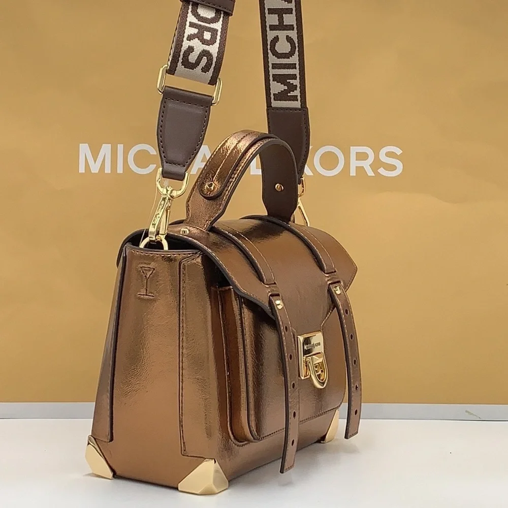 MICHAEL KORS Manhattan Medium Top Hand School Patent Satchel MOCHA COLOR